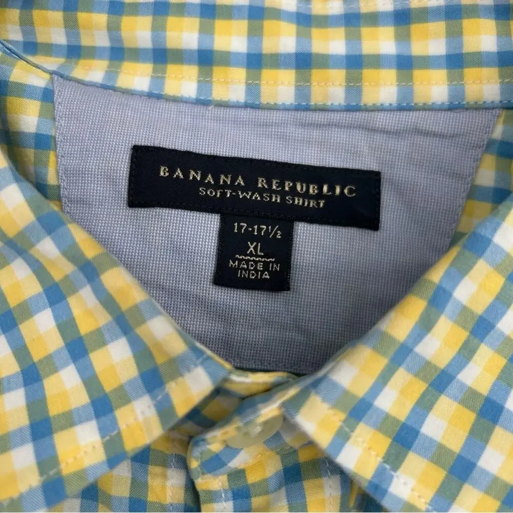 Banana Republic Men's Yellow Blue Checkered Soft Wash Button Down Shirt Size‎ XL